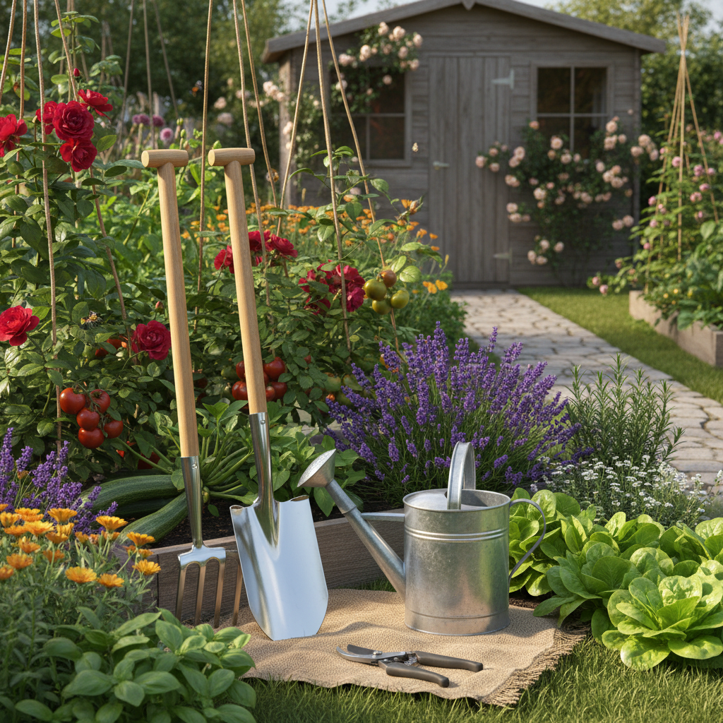Beautiful garden with tools and plants